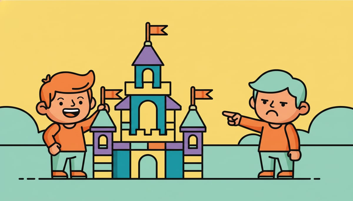 A child proudly stands next to an elaborate, multi-colored LEGO castle, while another child points at it with a claiming gesture and a slightly jealous expression.