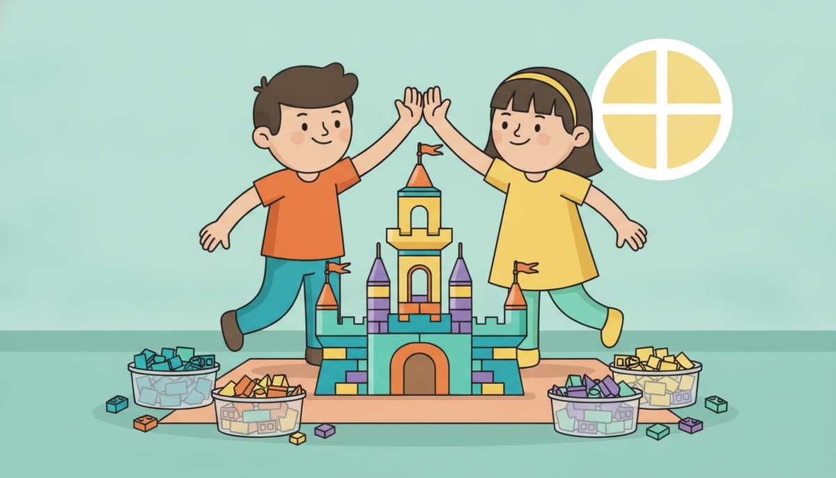 Two kids high-fiving over a finished LEGO castle, with scattered pieces neatly sorted into separate bins around them.