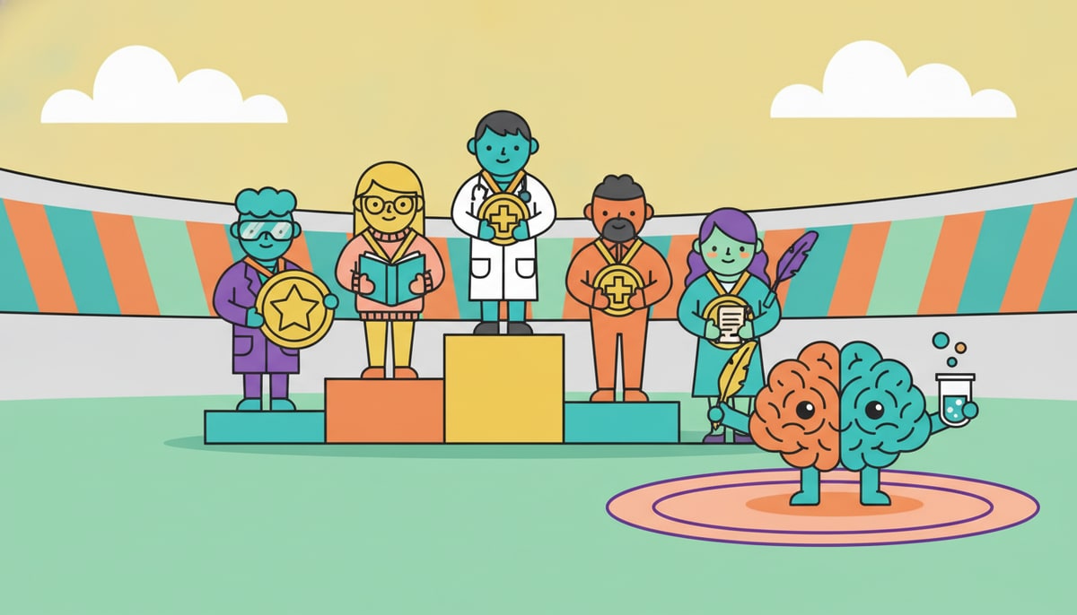 A diverse group of cartoon scientists, writers, and doctors stand on a podium receiving giant gold medals, while a large brain holding a quill pen and a beaker watches from a "winner's circle" on a track-and-field stadium.