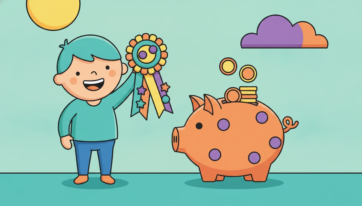 A child, proudly holding a colorful, hand-drawn "award ribbon" made of construction paper and glitter, stands next to a piggy bank overflowing with coins.