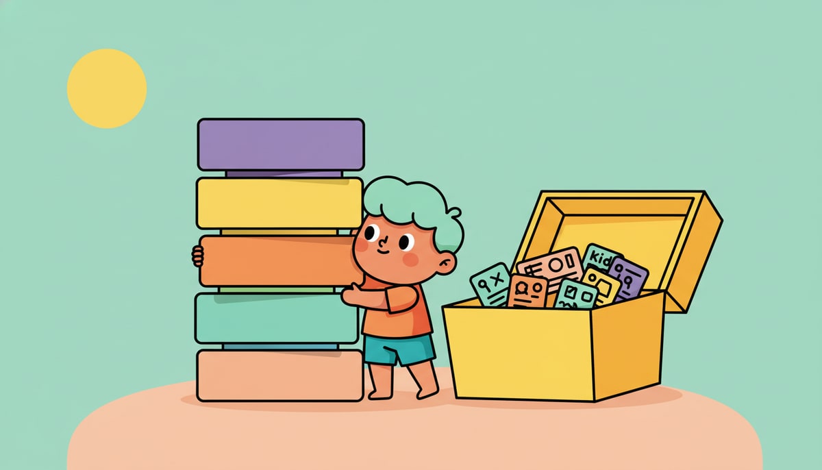 A small child stands on tiptoes, peering over a stack of six brightly colored, oversized "information cards" that completely obscure their view of a toy box filled with smaller, personalized "kid" cards.
