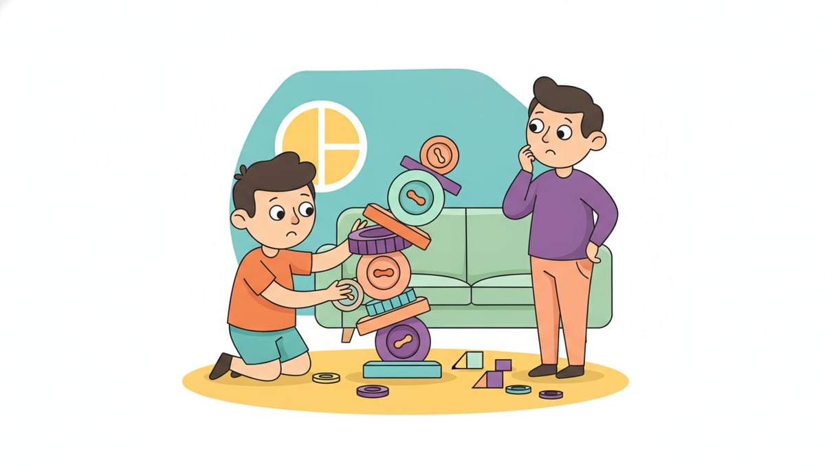 A child carefully stacks colorful, mismatched buttons and bottle caps into a wobbly, impressive tower, while nearby an adult looks puzzled at the collection of "junk.