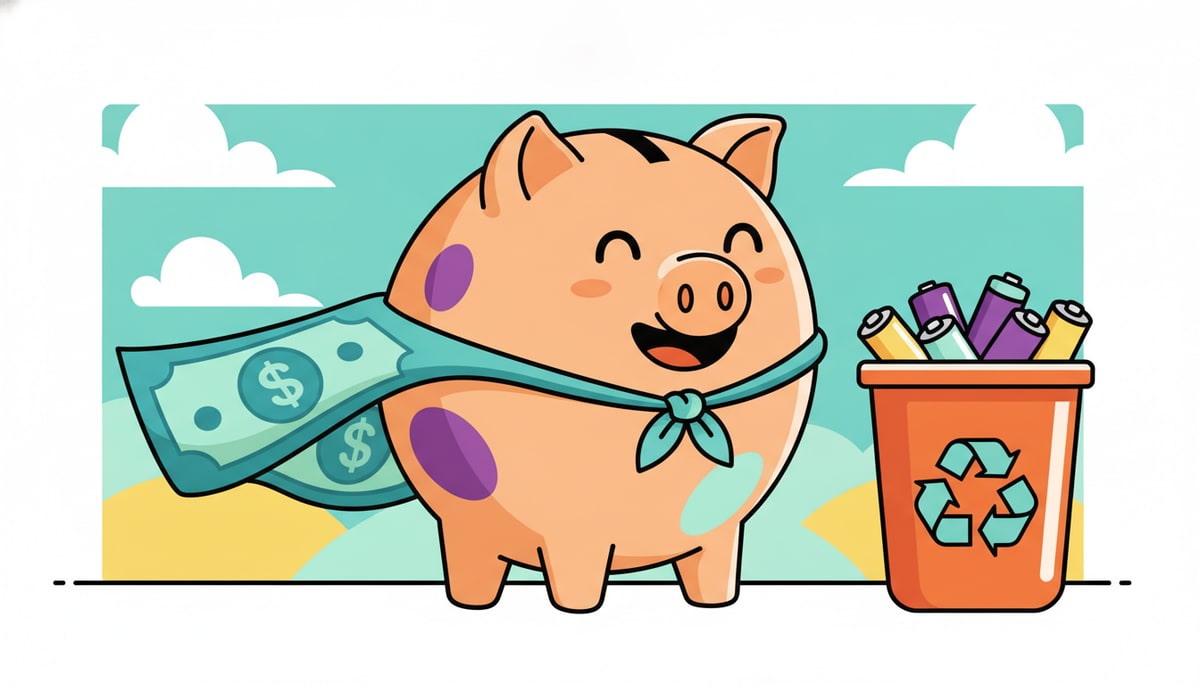 A smiling, anthropomorphic piggy bank, wearing a superhero cape made of a dollar bill, stands proudly next to a vibrant green recycling bin overflowing with assorted, generic used batteries.