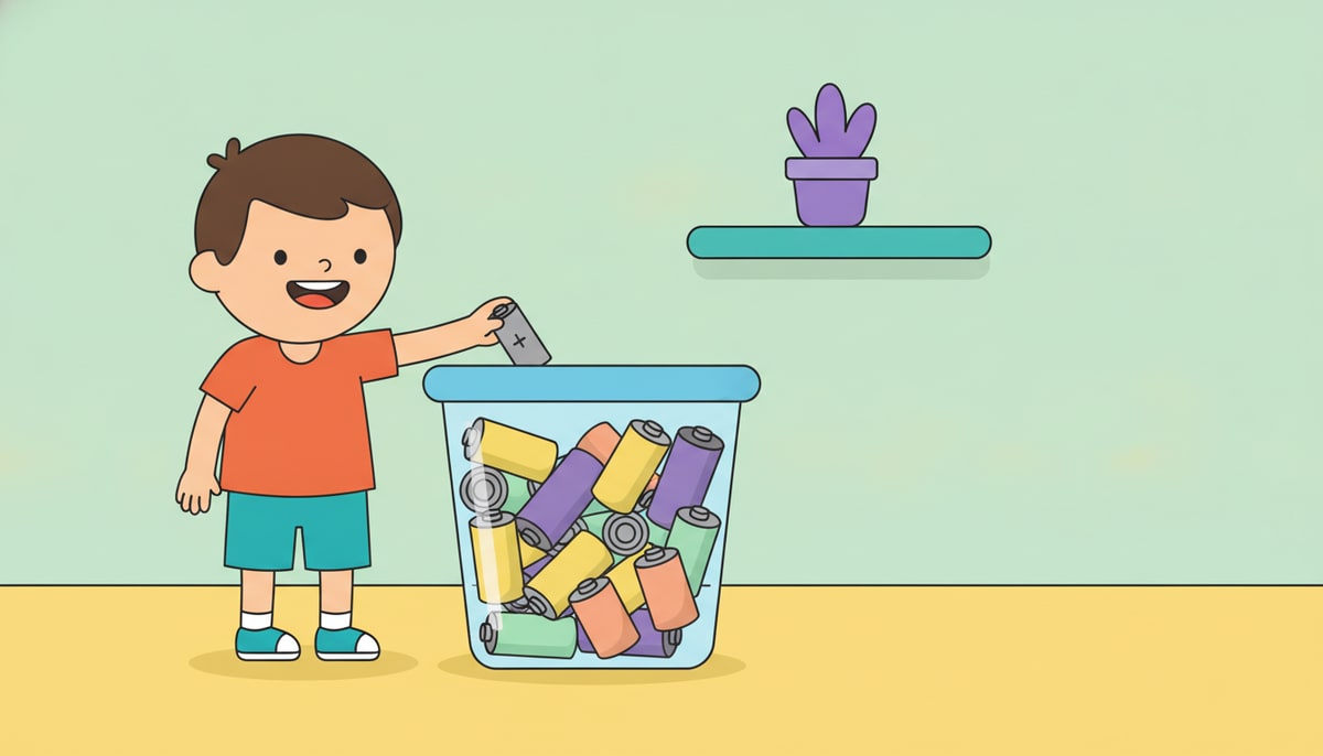 A child carefully places a small, used AAA battery into a colorful, clear recycling bin overflowing with various household batteries.
