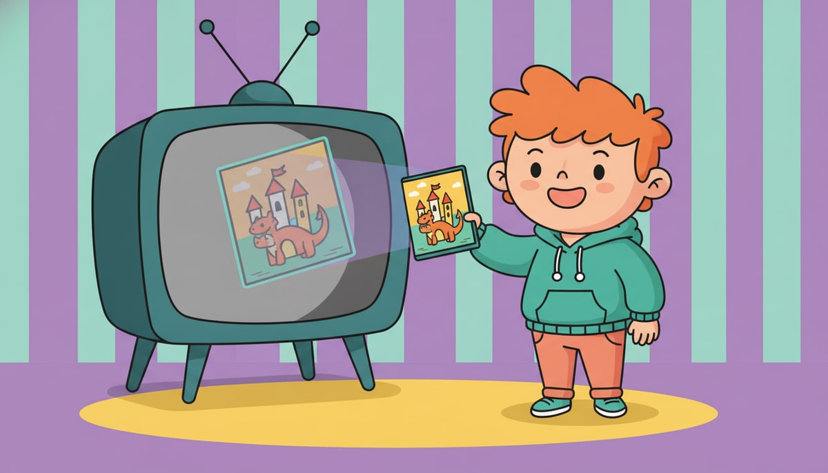 A child happily holds a colorful DVD case with a movie poster on it, while behind them, a ghostly, transparent image of the same movie poster floats away from a television screen.