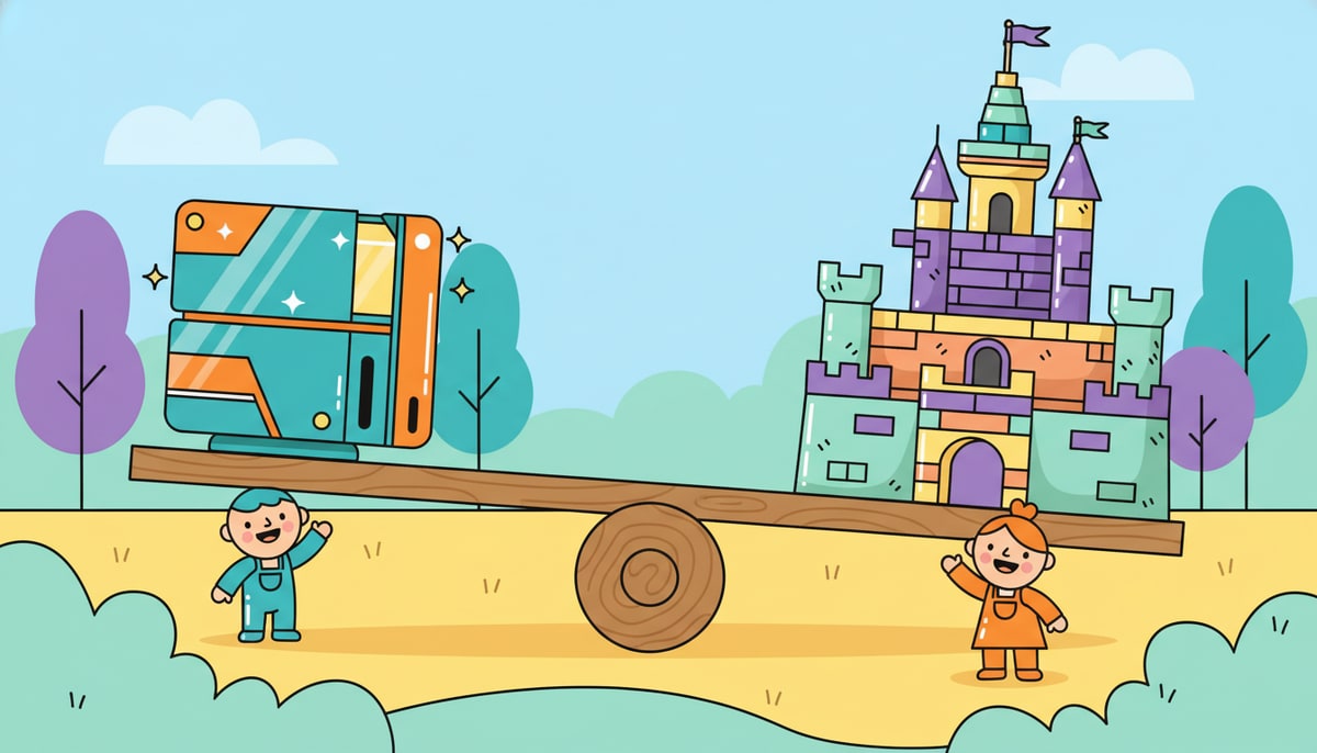 A shiny new video game console sits on one side of a seesaw, balanced by a well-loved, complex LEGO castle on the other.