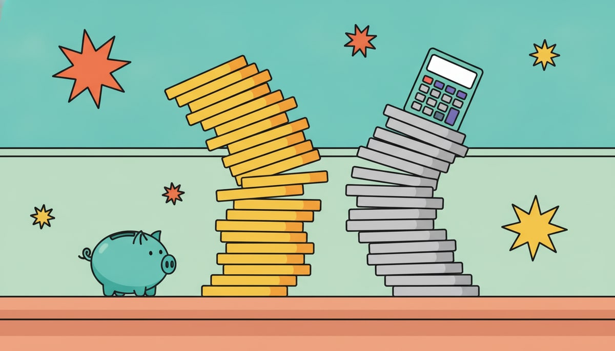 A tiny piggy bank sits next to a huge stack of oversized coins, while a comically small calculator on a massive desk struggles to balance the towering piles.