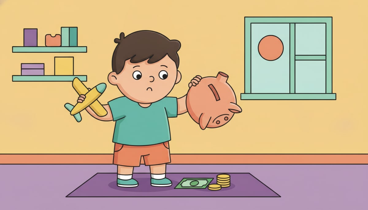 A child looking confusedly at an empty piggy bank, holding an $11 toy while a $10 bill lies next to it.