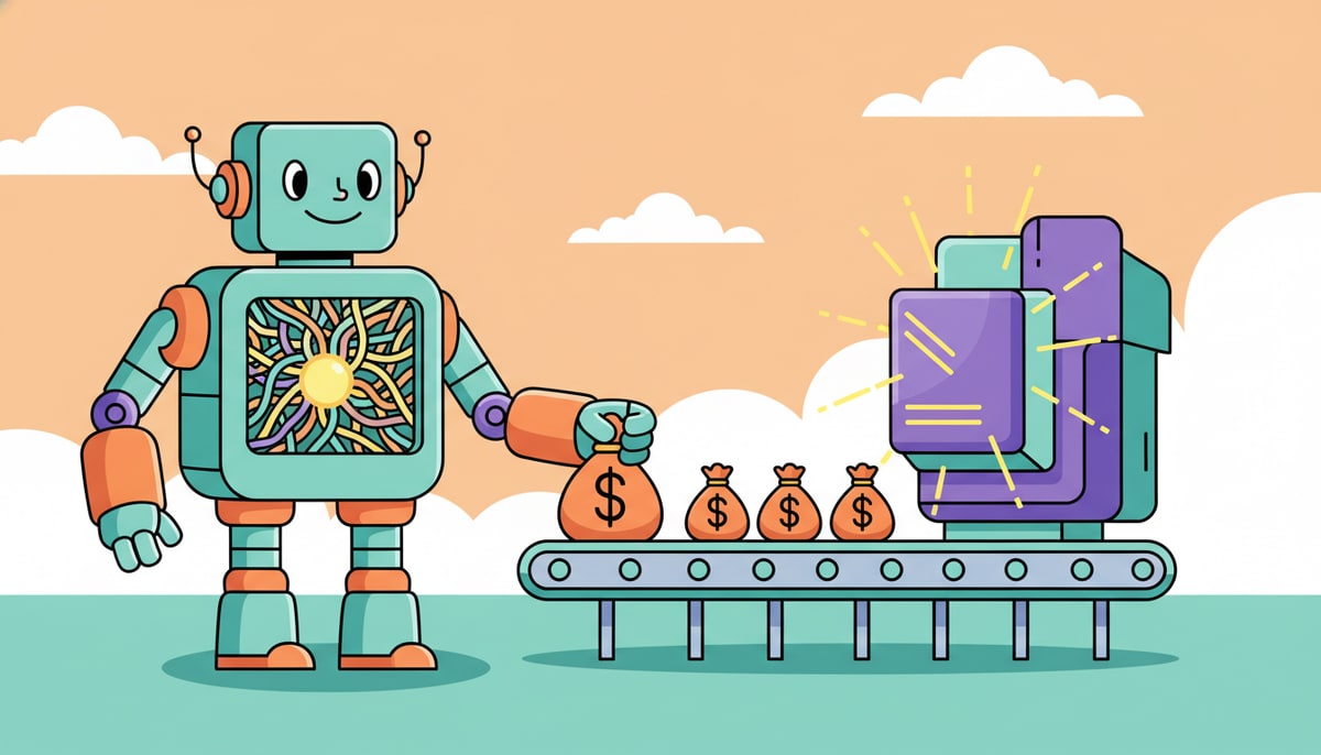 A giant, friendly robot, powered by an intricate tangle of colorful wires, happily stacks money bags onto a conveyor belt leading into a massive, futuristic computer humming with energy.