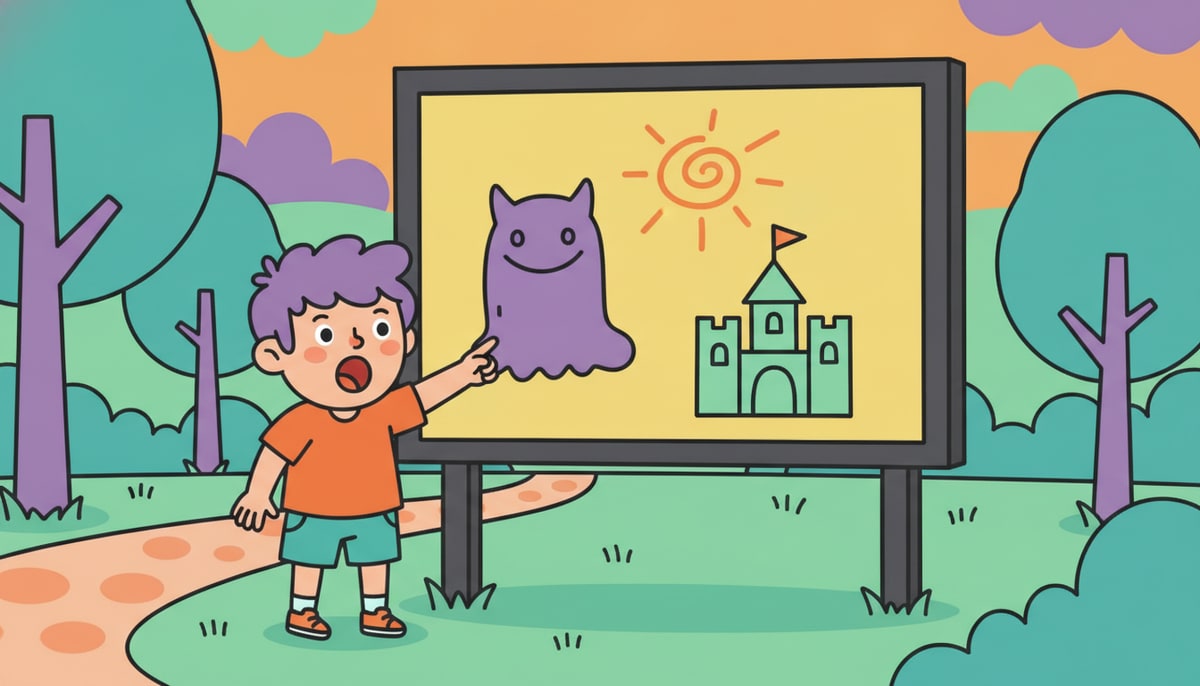 A child, looking surprised, points at a giant billboard in a park that accidentally displays several of their personal drawings instead of the park map.