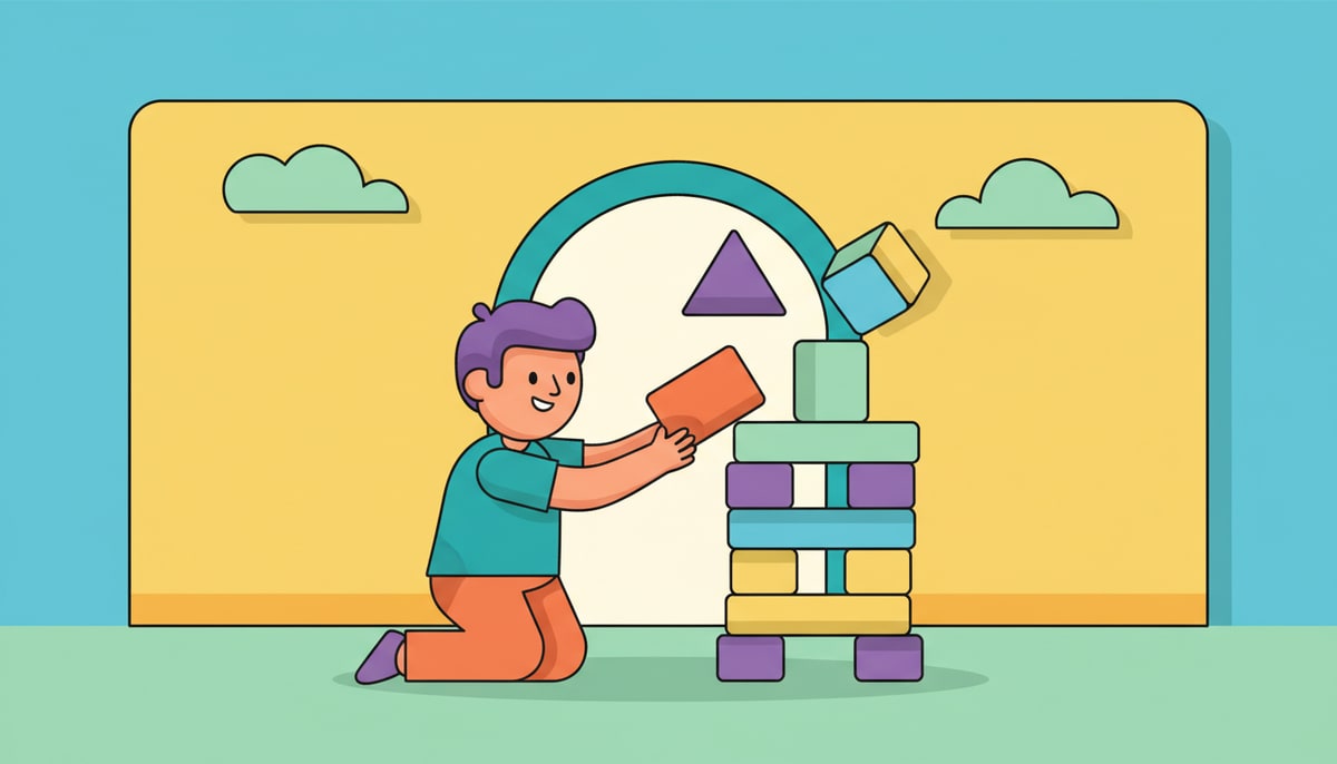 A kid carefully removes one toy block from a tall, wobbly tower while several other blocks teeter precariously, threatening to collapse the whole structure.