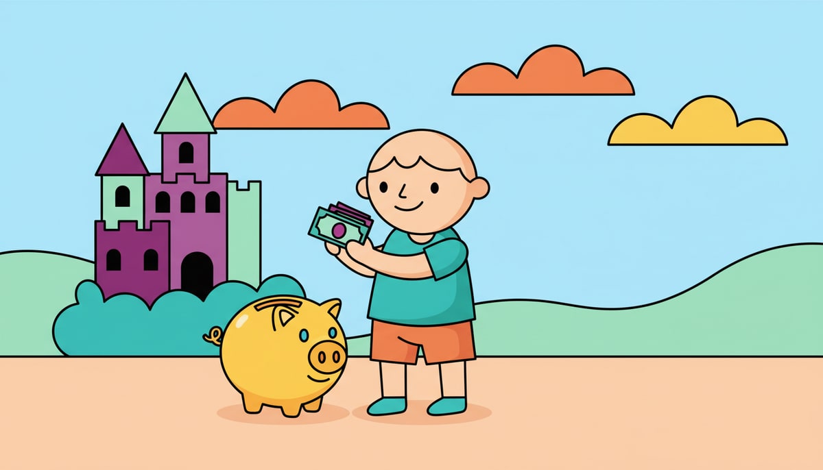 A child proudly displays a small, neatly organized stack of allowance money next to a piggy bank with a smiling face, while a larger, more elaborate piggy bank sits slightly out of focus in the background.