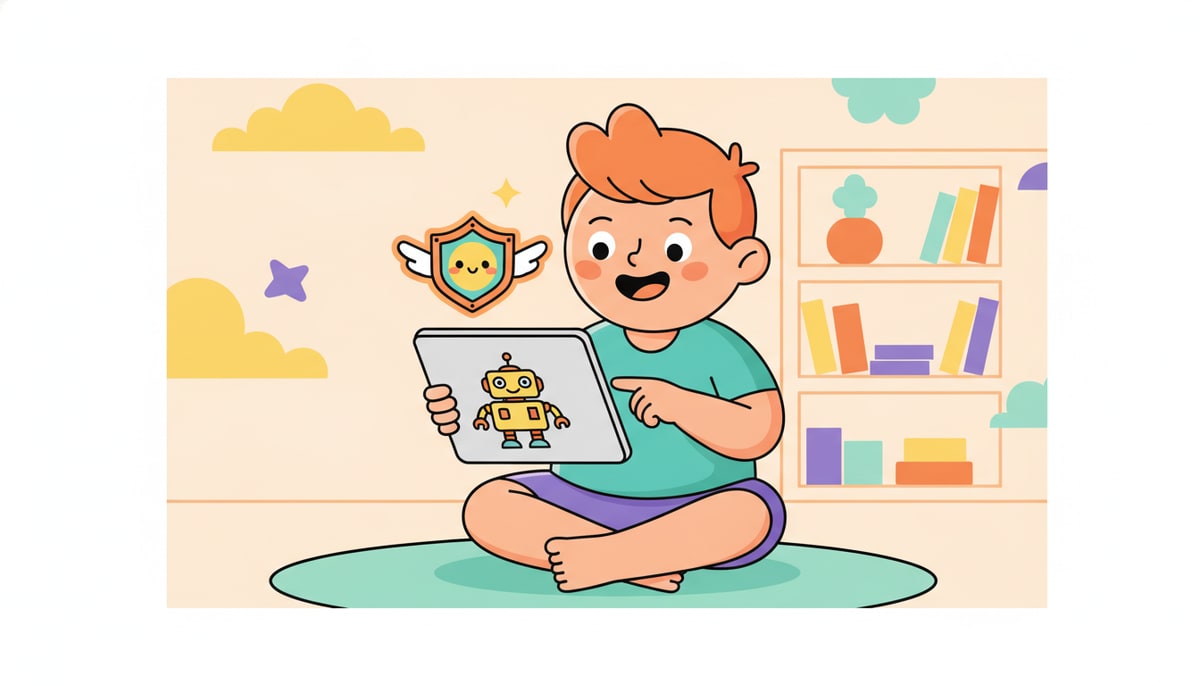 A child happily uses a digital tablet to order a toy online, while a tiny, friendly shield icon hovers protectively over their finger and the tablet screen.