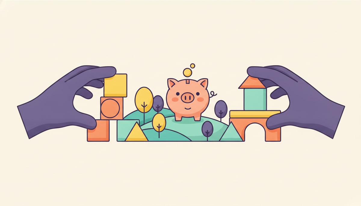 A small, smiling piggy bank stands on a miniature landscape of rolling hills and trees, while two gigantic, silhouetted hands carefully rearrange much larger, colorful building blocks around it.