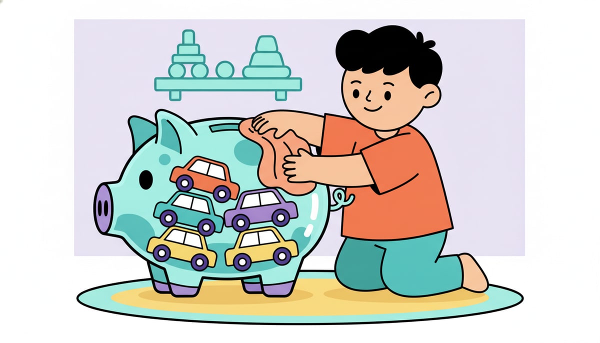 A kid proudly polishes a collection of their favorite, brightly colored toy cars neatly arranged in a clear piggy bank.