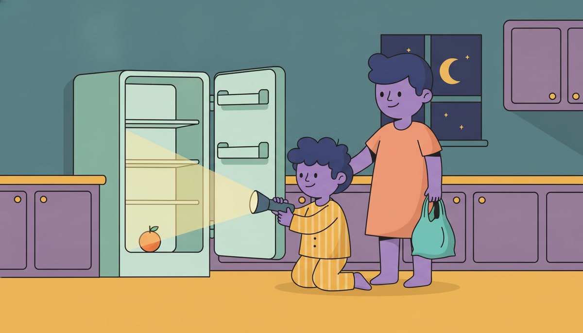 A dark kitchen with a child using a flashlight to look into an open, nearly empty refrigerator while their parent holds a deflated grocery bag.