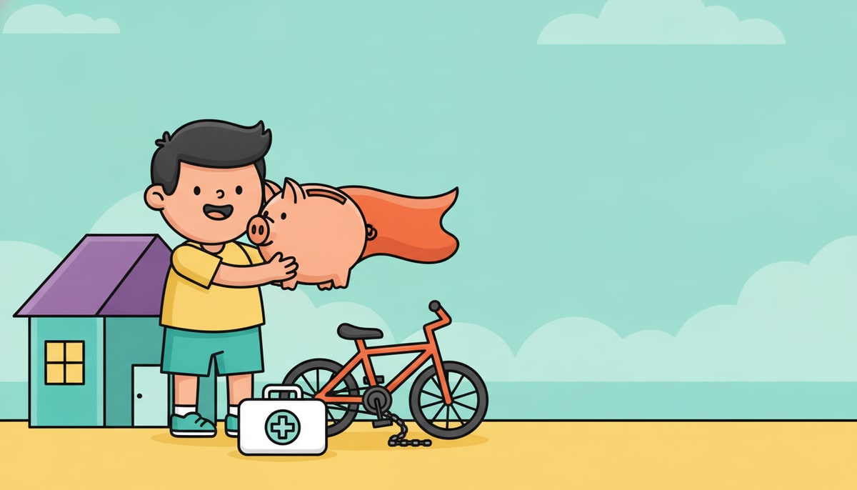 A child stands next to their unlit house, holding a piggy bank with a cape flowing behind it, while a broken bicycle and a first aid kit sit nearby.