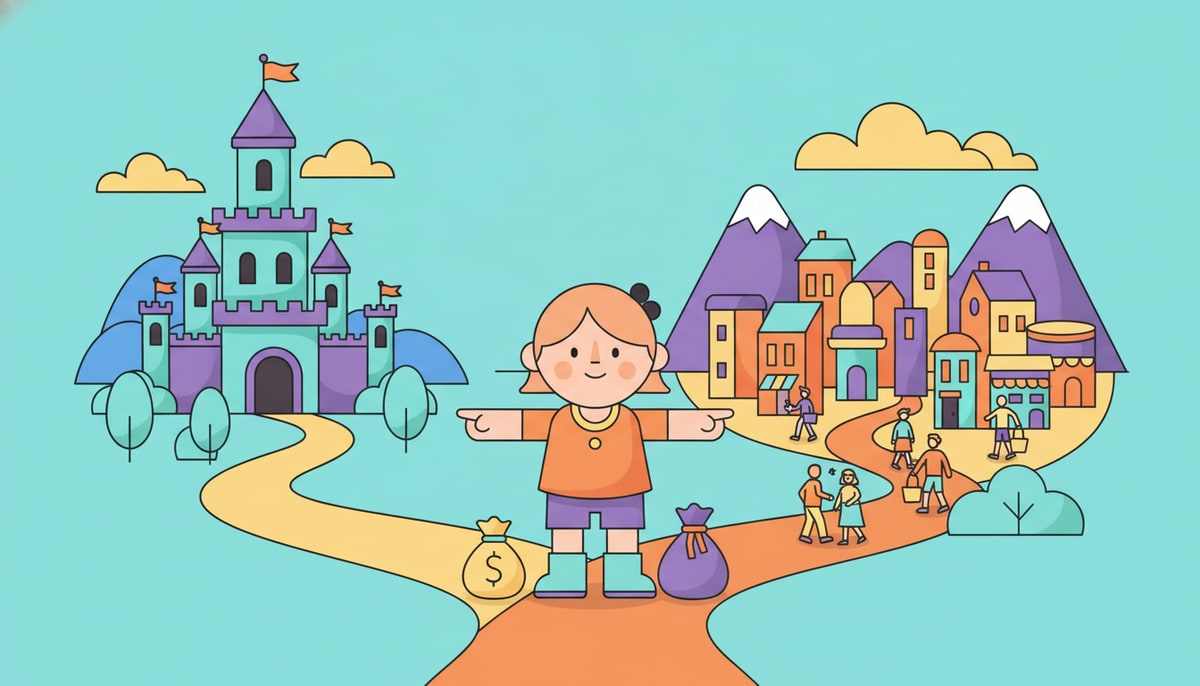 A kid stands at a fork in a winding path, one way leading to a towering castle and the other to a bustling town, with two different-sized money bags at their feet.