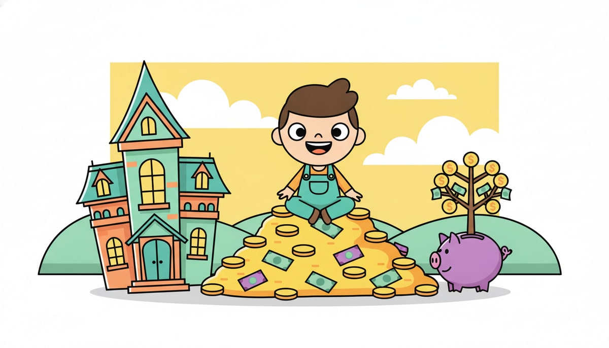 A wide-eyed child sits on a mountain of coins and bills, precariously balanced between a cartoonishly large mansion on one side and a tiny piggy bank with a growing money tree on the other.