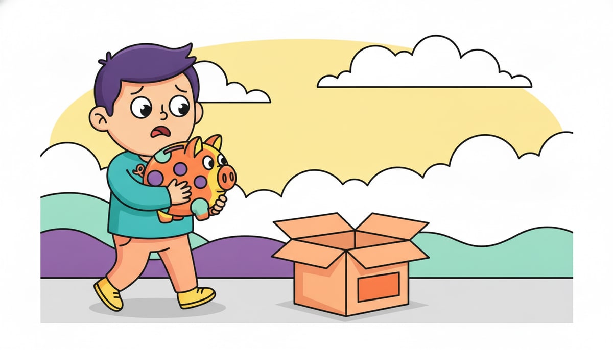 A child, looking worried, clutches a brightly painted piggy bank to their chest while walking past an open, empty box labeled "free" on a sidewalk.