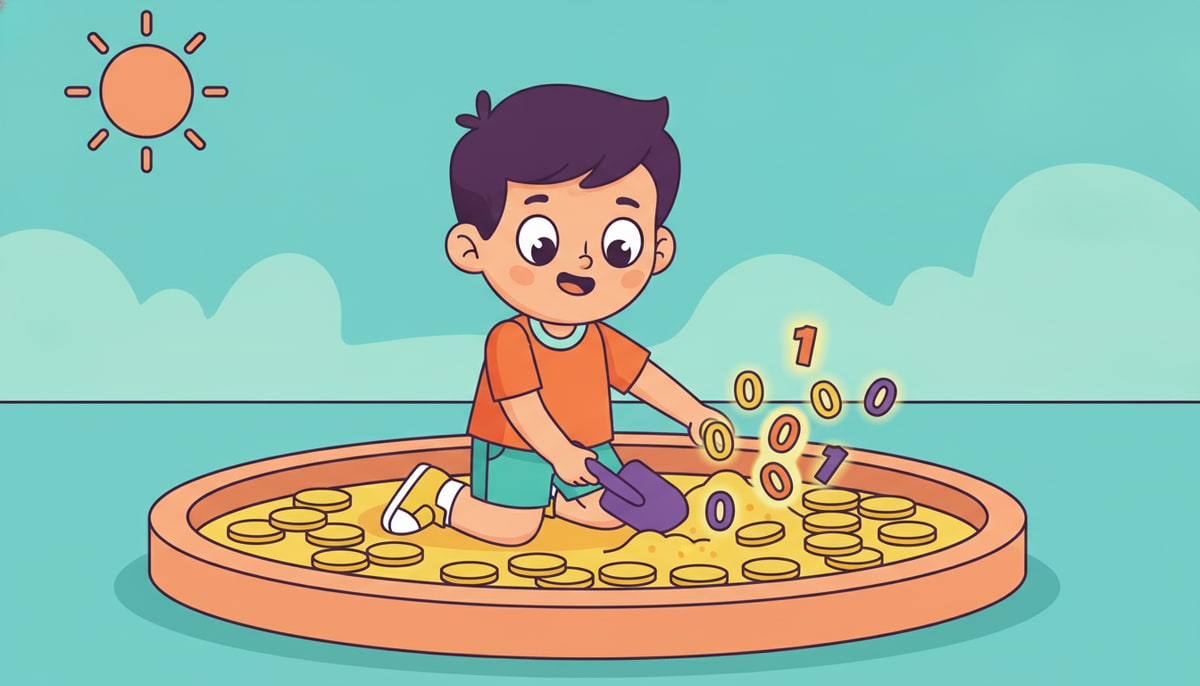 A child, eyes wide with curiosity, digs with a small shovel in a sandbox filled with sparkling gold coins and a few scattered digital "1s" and "0s" instead of sand.