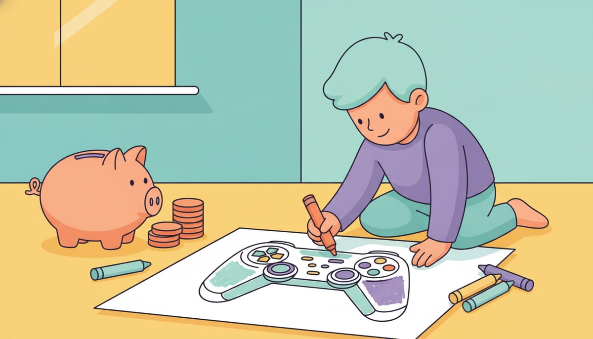 A piggy bank with a small pile of coins next to it, and a kid drawing a detailed picture of a video game controller on a large sheet of paper with colorful crayons.