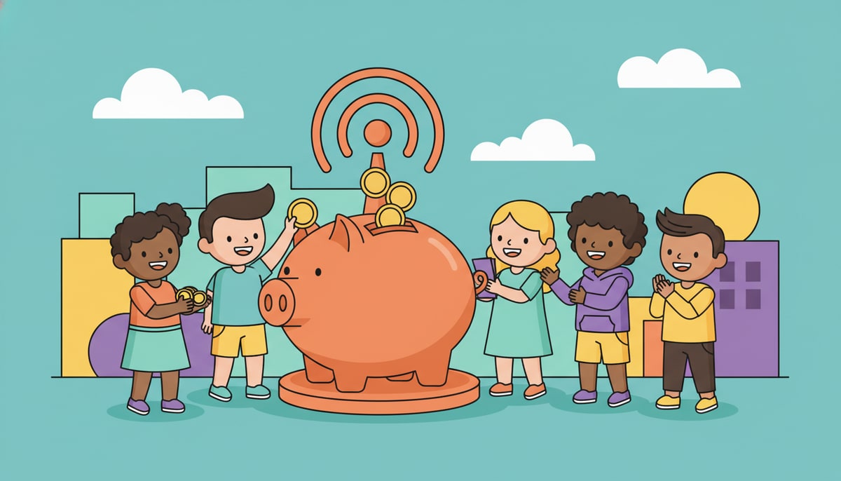 A diverse group of kids happily drop coins and small bills into a large, cartoon piggy bank shaped like a broadcasting antenna.