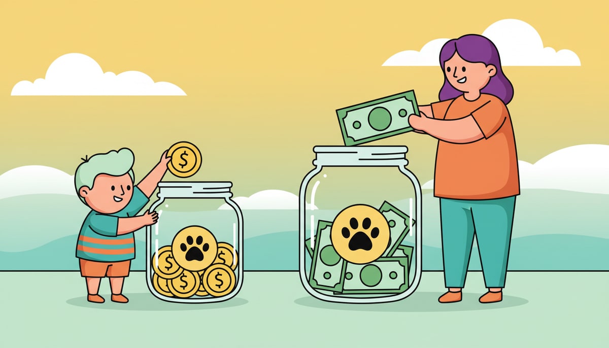 A small child carefully drops a shiny coin into a clear jar labeled with a simple paw print, while an adult nearby places a much larger bill into an identical but proportionally larger jar.