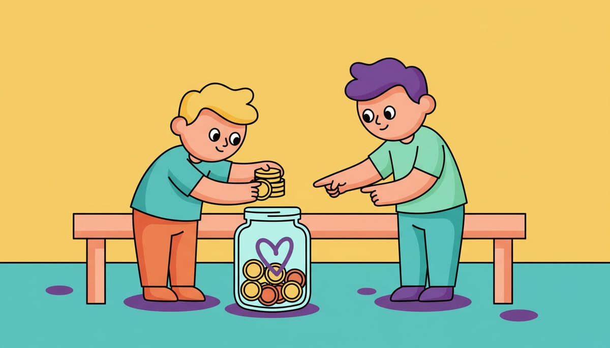 A child carefully places coins into a clear glass jar labeled with a hand-drawn heart, while a parent gently points to the jar.