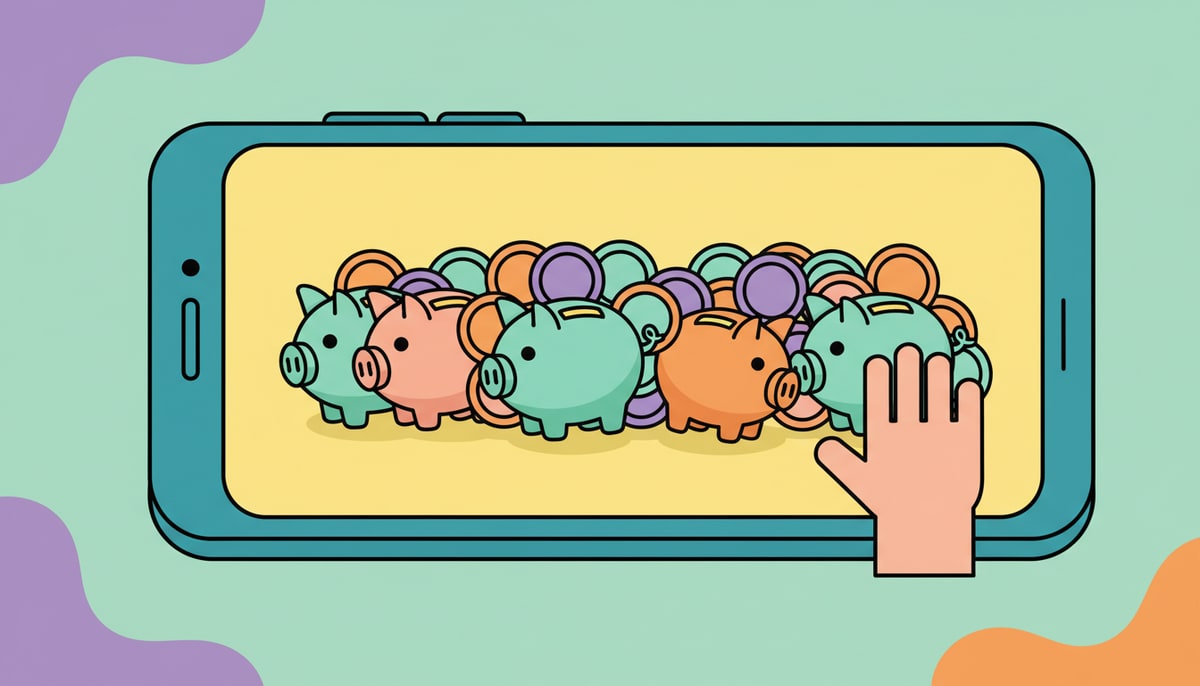 A tiny child's hand on a smartphone screen desperately tries to push a line of overflowing, colorful toy coins and piggy banks to the left, but they just won't move.