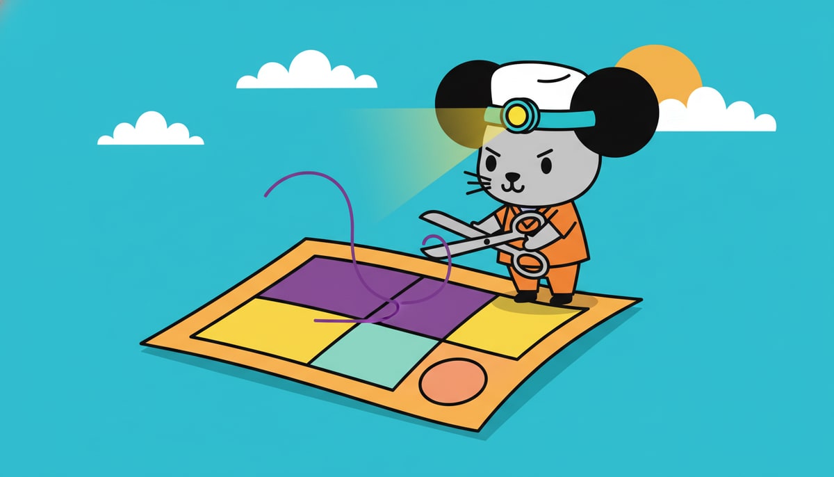 A tiny, determined surgeon mouse, wearing a headlamp and scrubs, carefully snips a loose thread on a perfectly smooth, brightly colored quilt.
