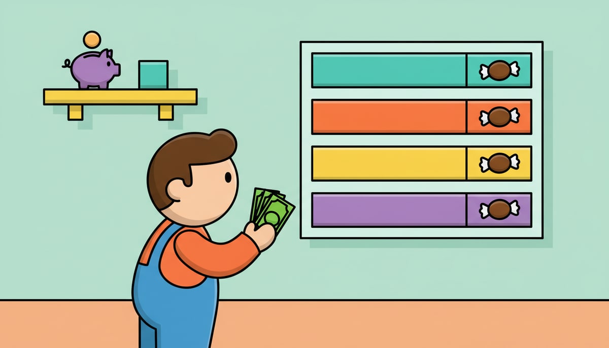 A child holds a small stack of dollar bills, looking contemplatively at a five-week allowance chart with a single candy bar sticker next to each week.