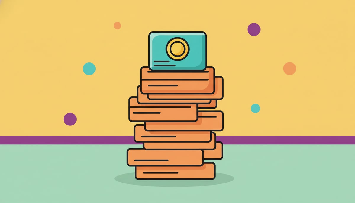 A small, colorful plastic gift card with a simple coin icon sits proudly atop a stack of identical, plain credit cards.