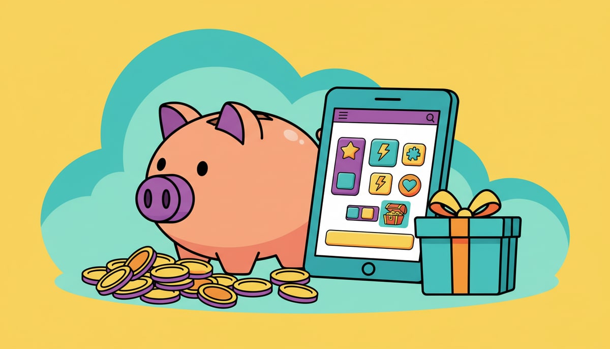 A piggy bank, overflowing with coins, sits next to a digital tablet displaying a game's in-app purchase screen, with a single gift-wrapped box nearby.
