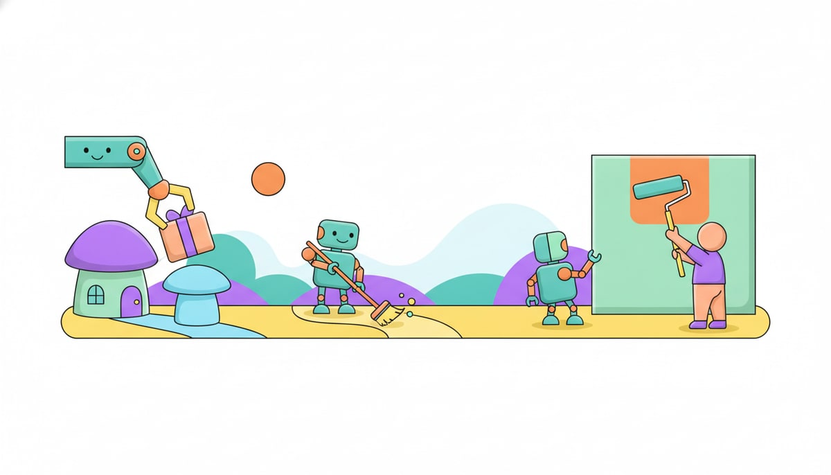 A friendly-looking robot arm gently places a package onto a child's doorstep, while a second robot sweeps a nearby sidewalk and a third helps a person paint a wall.