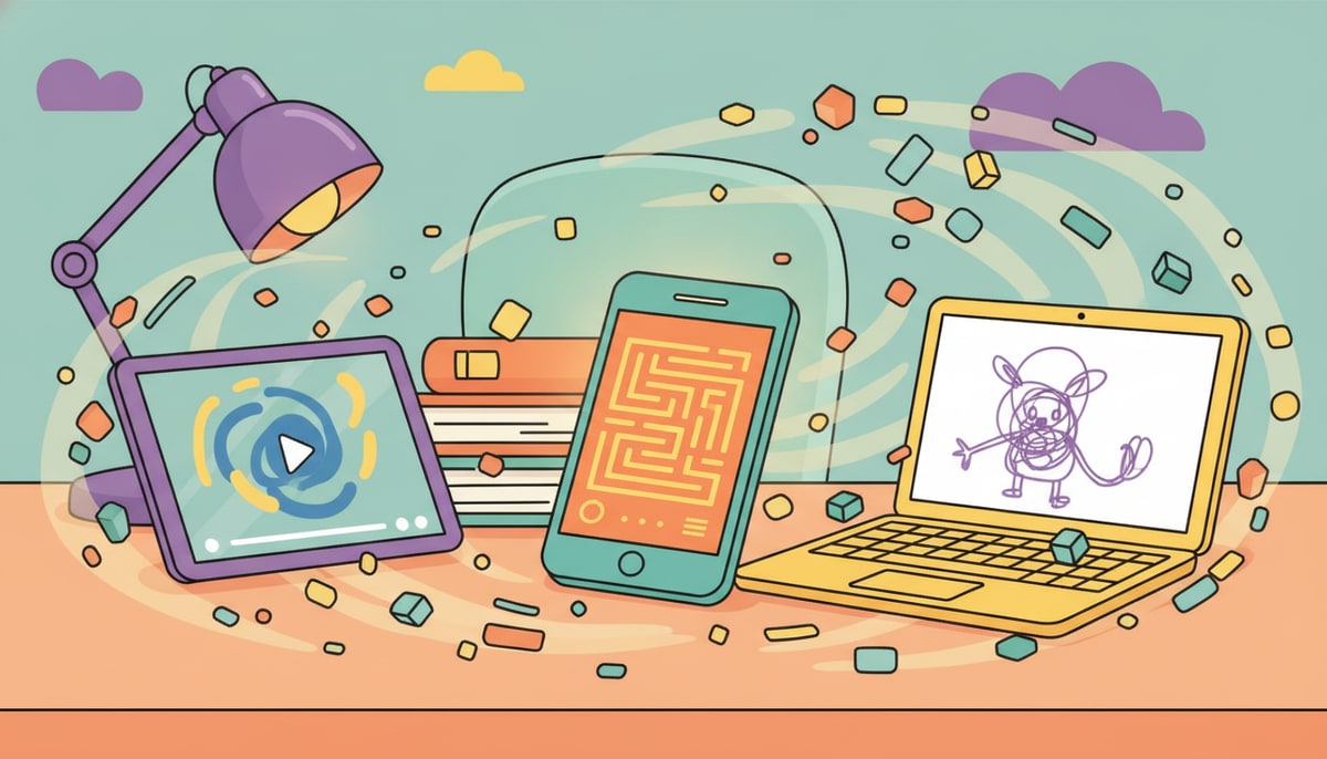 A busy kid's desk with a smartphone, tablet, and laptop all open and running different apps simultaneously (a game, a video, a drawing app), surrounded by a whirlwind of tiny, glowing information particles.