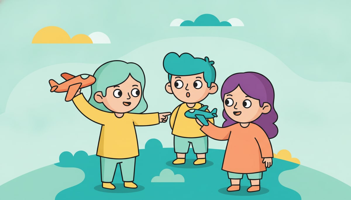 A child holding up a toy airplane, pointing to a similar, smaller airplane in another child's hand, while a third child looks on with a slightly surprised expression.