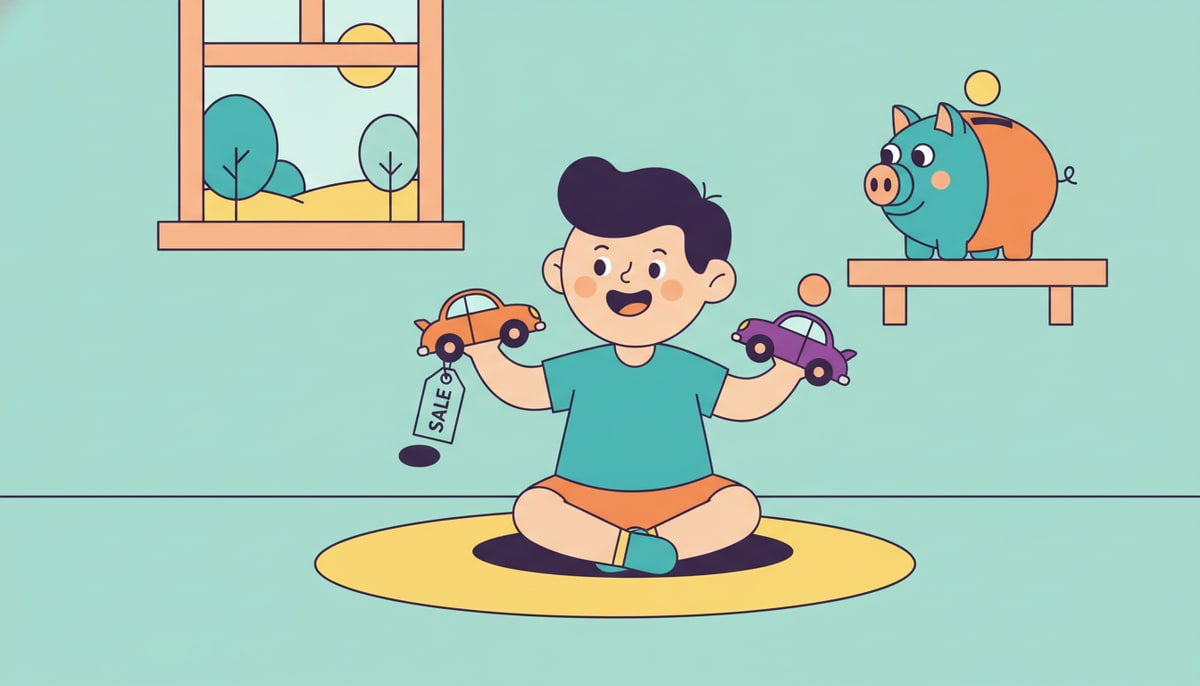 A child happily compares two toy cars, one with a "sale" tag and the other full price, while their piggy bank smiles in the background.