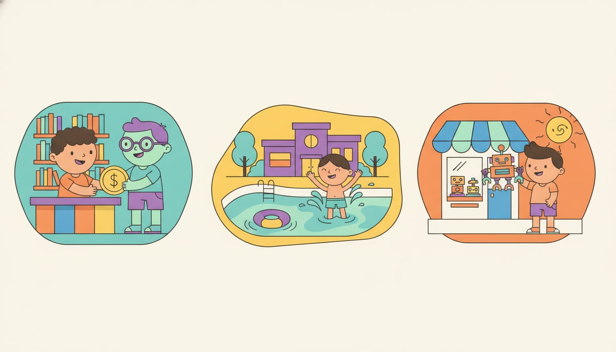 A child happily hands a coin to a librarian at a colorful checkout counter, while another child splashes in a nearby community pool, and a third child holds a new toy outside a small shop.