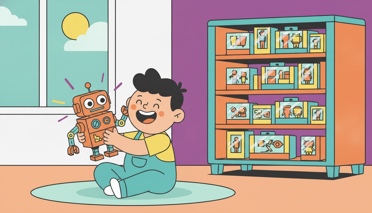 A child happily plays with a well-loved, slightly dented toy robot, ignoring a nearby shelf overflowing with shiny, untouched, still-packaged action figures and dolls.
