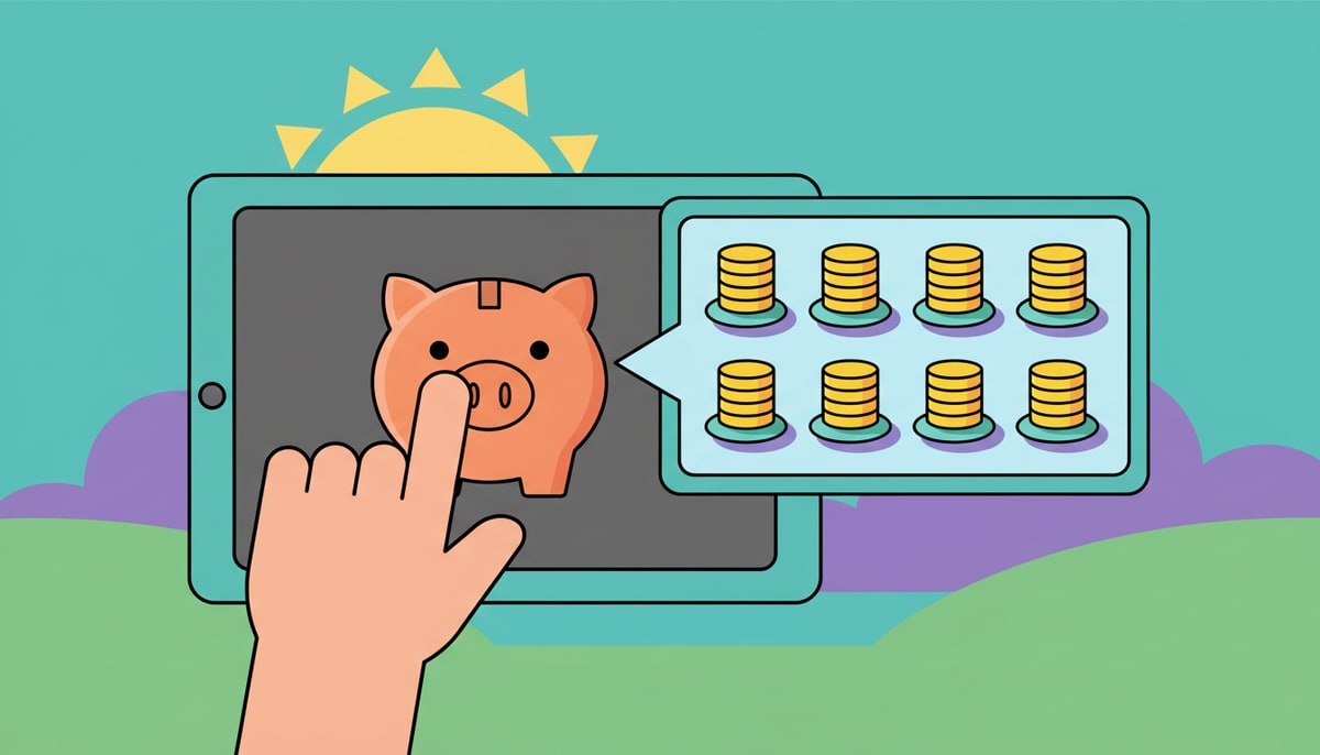 A small hand taps a colorful piggy bank icon on a tablet screen, revealing a pop-up menu with various coin stacks labeled for different days of the week.