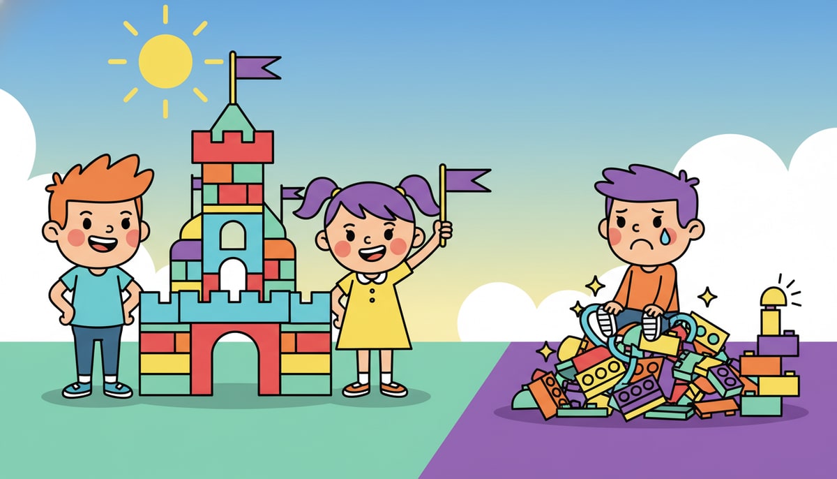 Two kids proudly stand beside a sturdy, simple Lego castle built mostly with basic red and blue bricks, while another kid sits frustrated amidst a jumbled pile of colorful, blinking, mismatched Lego pieces.