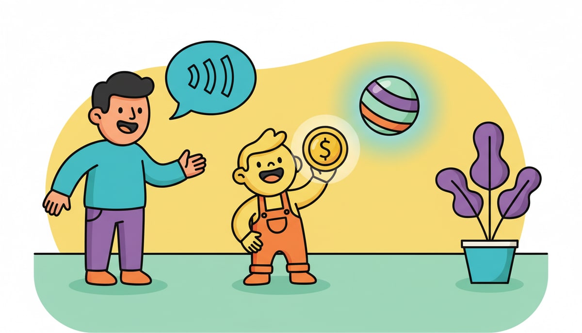 A parent, with a speech bubble indicating sound waves, gestures towards a child excitedly holding up a coin, while a digital assistant's glowing orb hovers nearby.