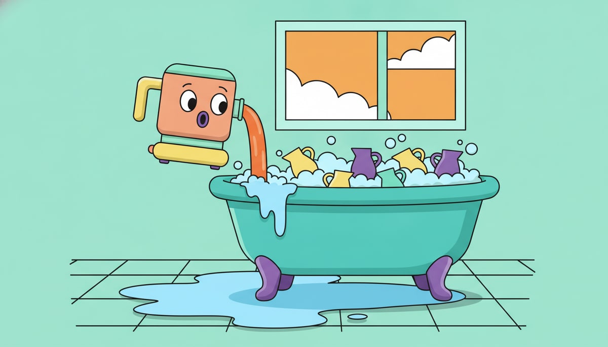 A small, surprised coffee maker pours a stream of water from its spout into an overflowing bathtub, where many empty pitchers float.