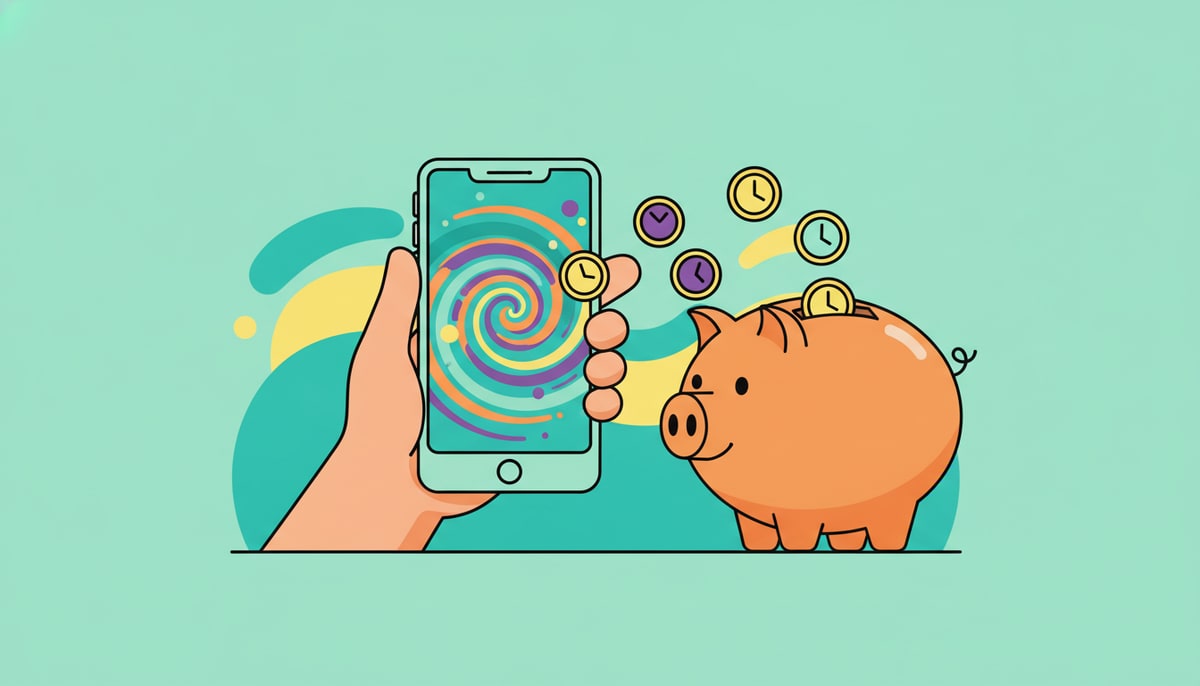 A kid's hand scrolls through a phone screen, which displays a colorful, swirling vortex, while tiny coins and time symbols float away from the phone and into a large, open piggy bank.