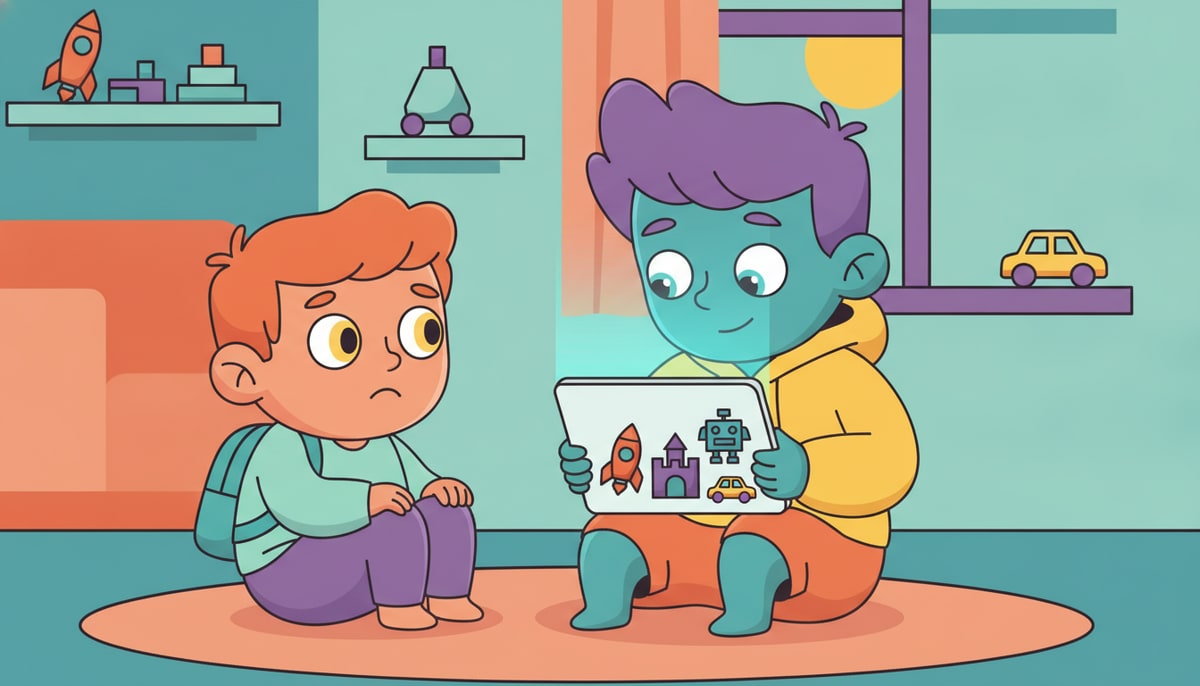 A young child gazes longingly at an older sibling engrossed in a vibrant tablet screen, where colorful, advertised toy items are subtly visible in the background.