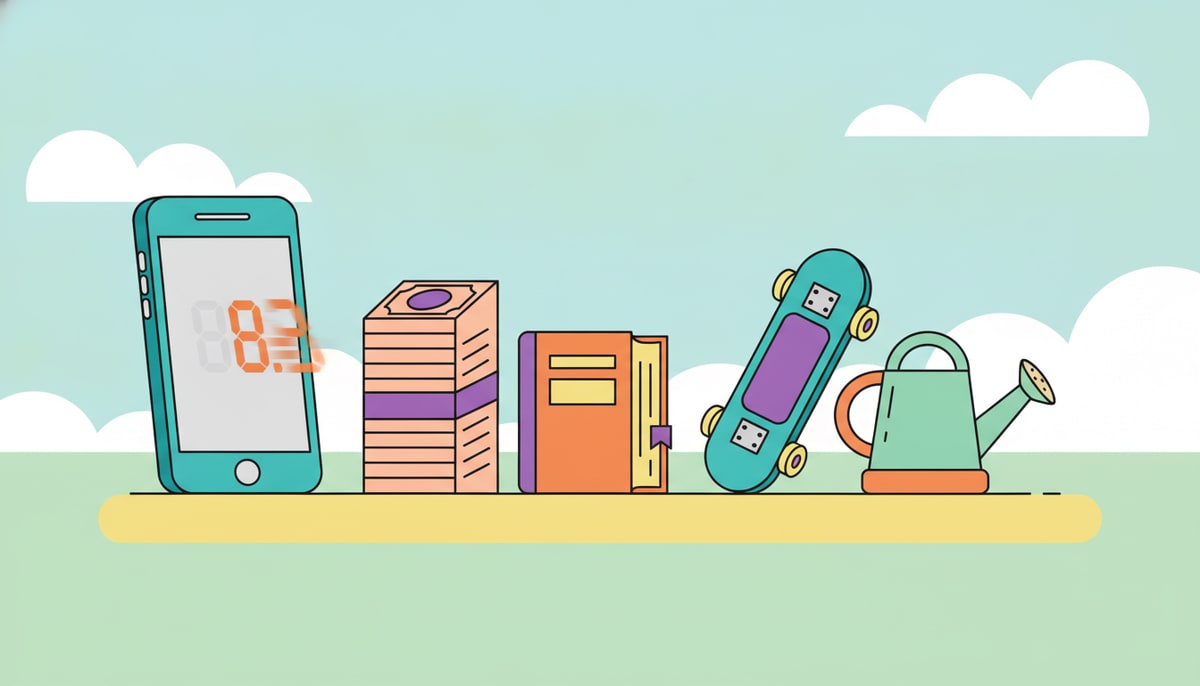 A digital clock on a smartphone screen ticks down rapidly while a stack of money, a book, a skateboard, and a watering can wait untouched beside it.