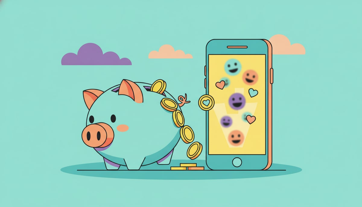 A child's piggy bank is emptying coins into a smartphone screen, while the phone displays a blurred feed of digital "likes" and smiling avatars.