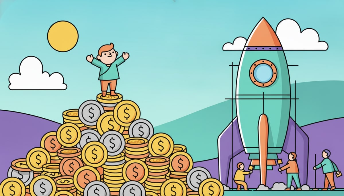 A tiny child stands on a mountain of coins reaching up to a distant, towering rocket ship that's still being built.