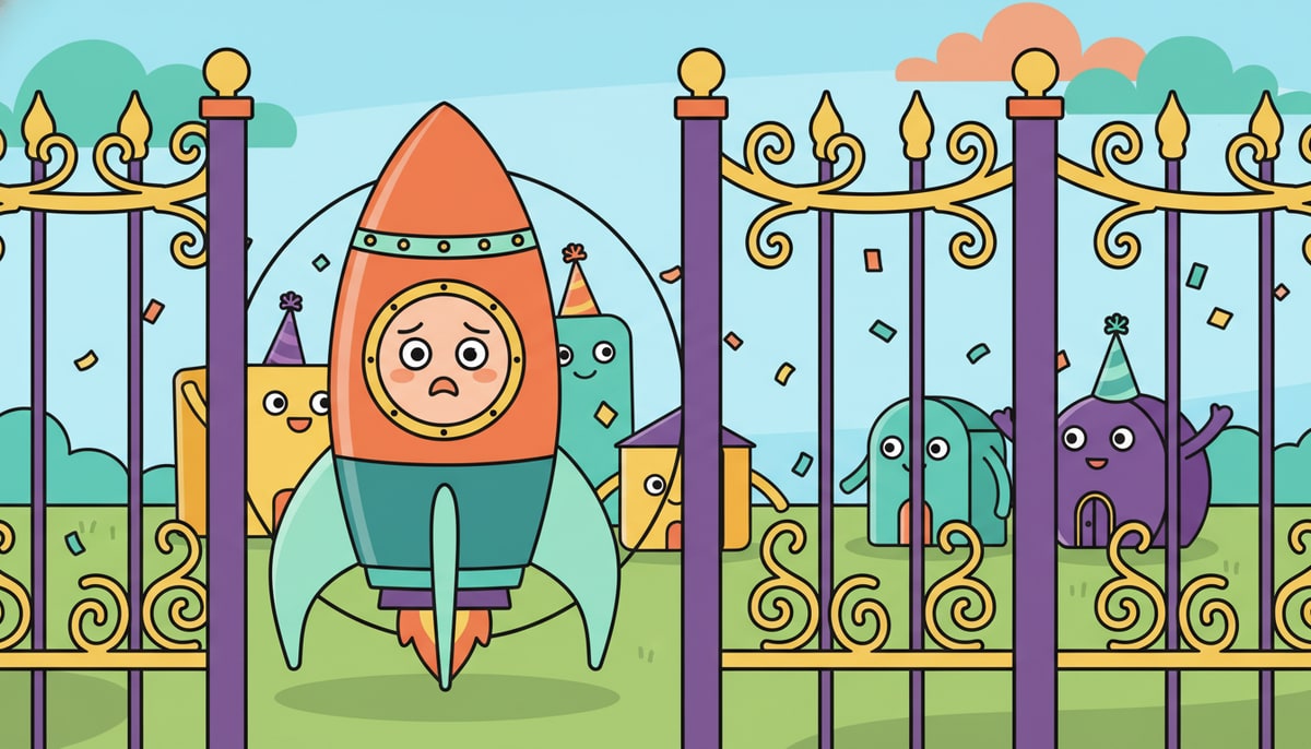 A large, friendly, but slightly confused rocket ship peers through a gap in a tall, ornate fence at a bustling party of diverse, smaller company-shaped buildings happily mingling inside.